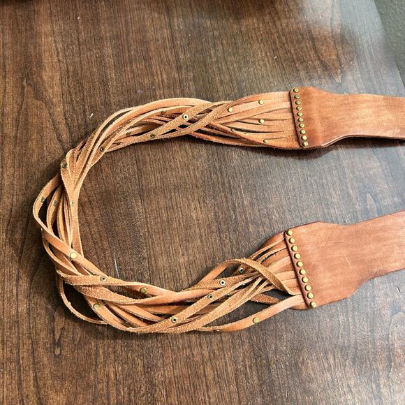 Tan Multi Strap Studded Tan 2 1/2" Leather Belt BUCKLE SZ Medium - Picture 3 of 7